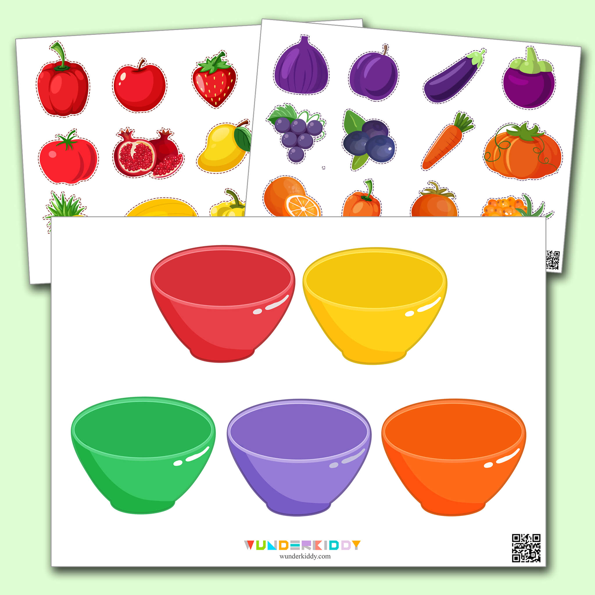 Worksheets Sorting By Colors Bowls of Vegetables and Fruits